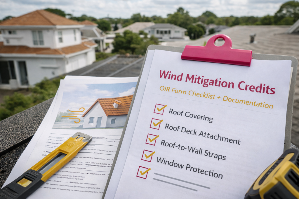 Wind mitigation credits checklist showing OIR form items inspectors verify to help lower Florida insurance premiums